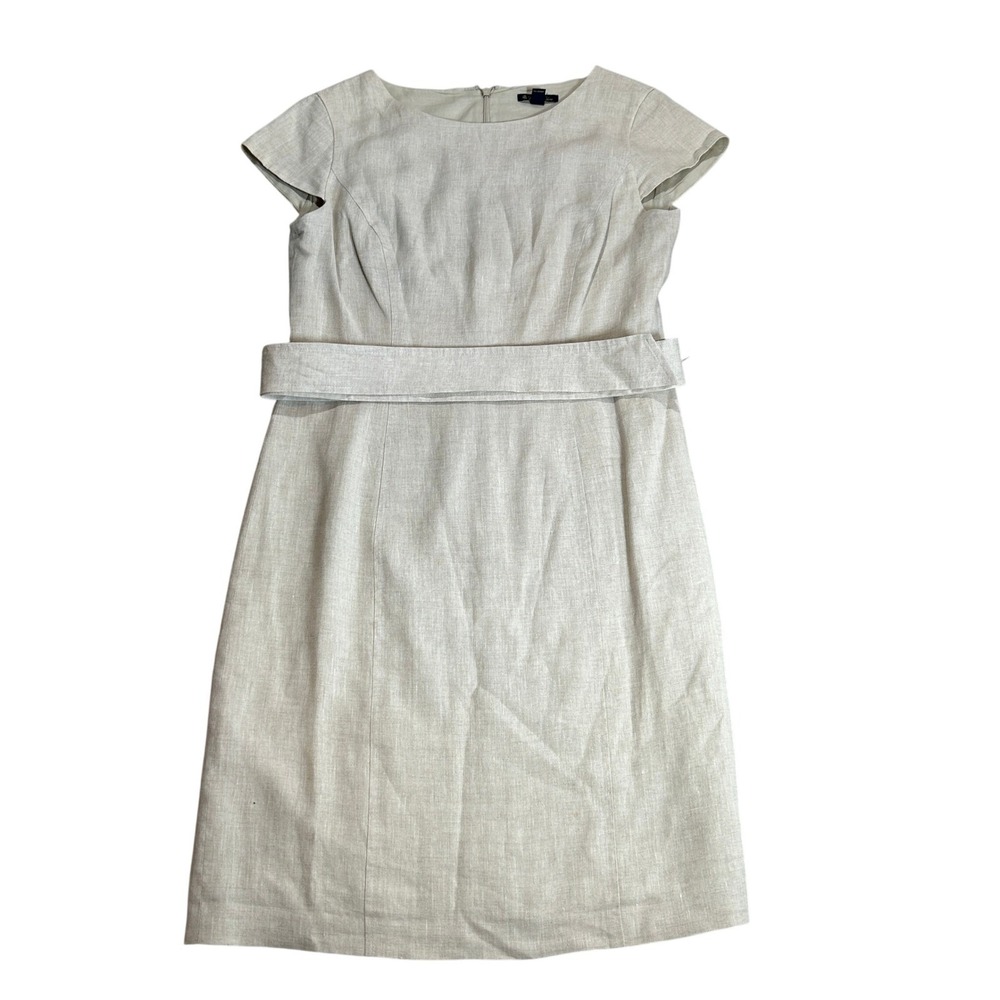 Brooks Brothers Tan Linen Blend Belted Sheath Dress Size 4 Cap Sleeve Neutral
